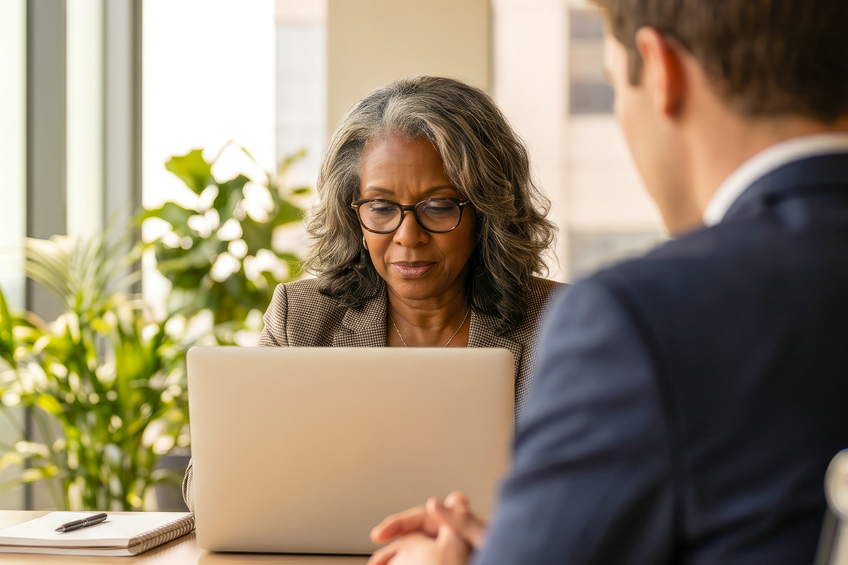 Woman on laptop in a meeting - article